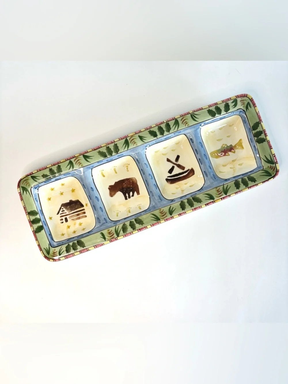 Ceramic Divided Serving Tray Log Cabin Bear Canoe Fish